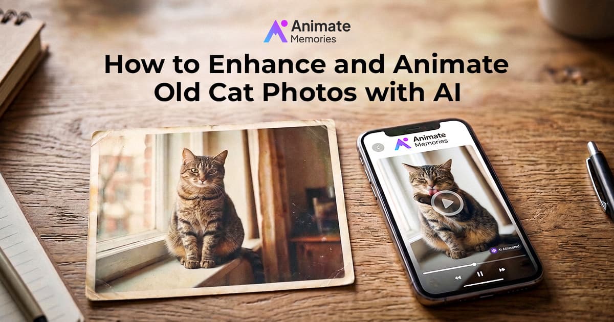 Old cat photo restored and animated with AI, shown beside the original print